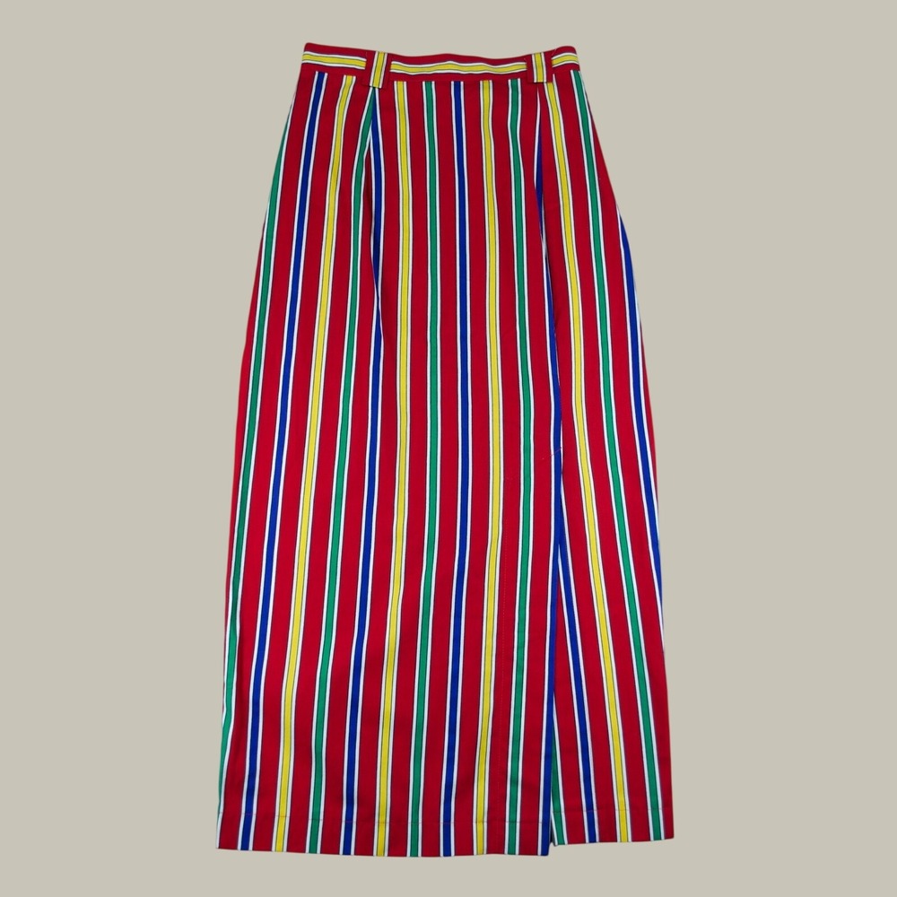 Vintage On The Verge Primary Color Striped Maxi Wrap Skirt High Waist Split 4